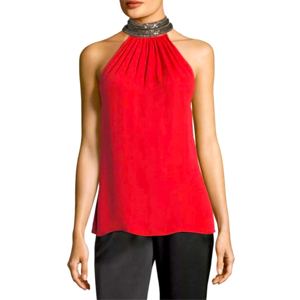 Ramy Brook Red Halter Top with Silver Accents